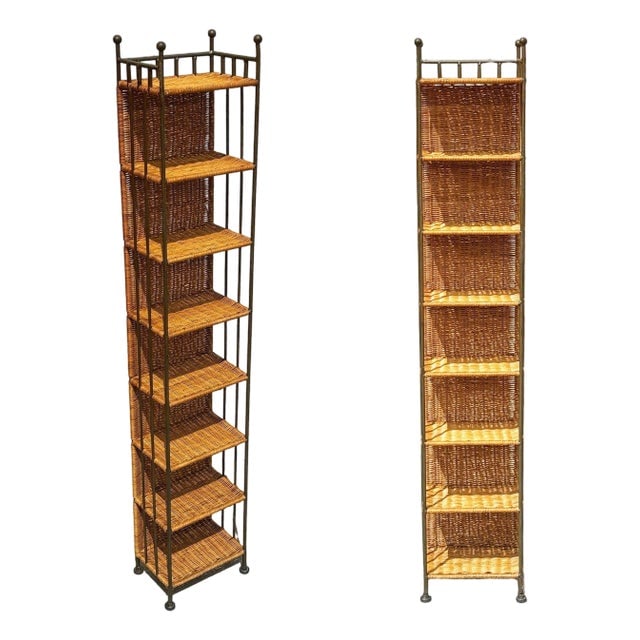 1990s Boho Wicker & Cast Iron Compact Disc CD Holder Towers, Pair (1 of 8)