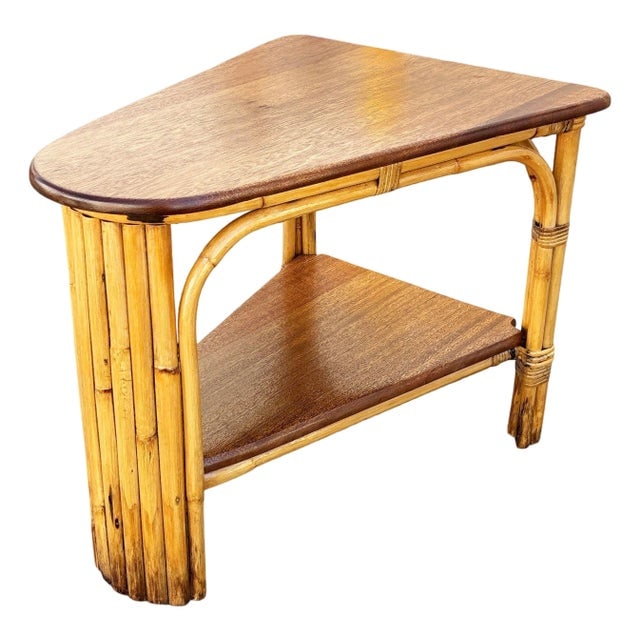 Restored Mid-Century Modern Rattan & Mahogany 7-Strand Vertically Stacked Rattan Wedge Table (1 of 4)