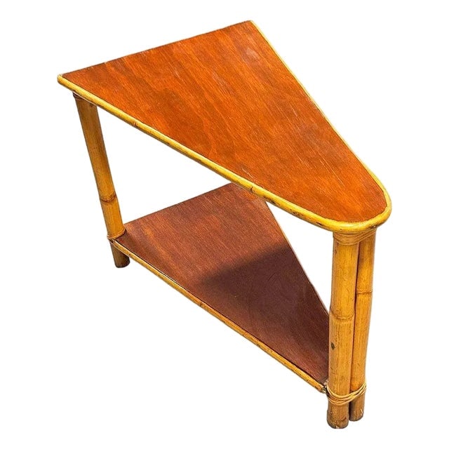 1950s Restored Mid-Century Rattan & Mahogany 2-Strand Wedge Side Table W/ Bottom Shelf (1 of 6)