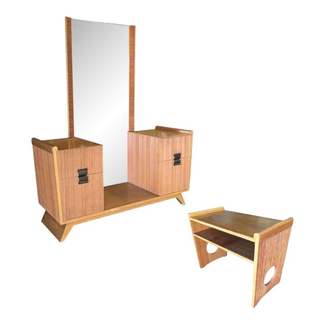 1940s Mid-Century Combed Wood Vanity W/ Stool by Paul Frankl for Brown Saltman, Attributed (1 of 10)