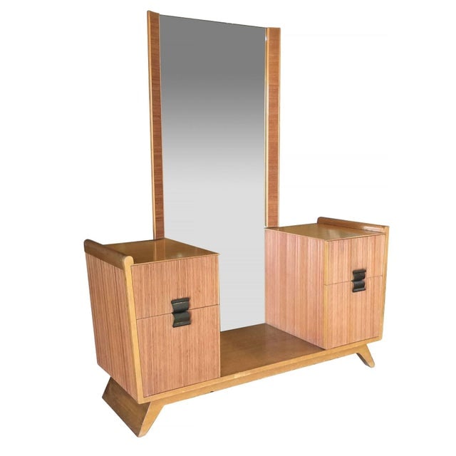 1940s Mid-Century Combed Wood Vanity W/ Stool by Paul Frankl for Brown Saltman, Attributed - 2