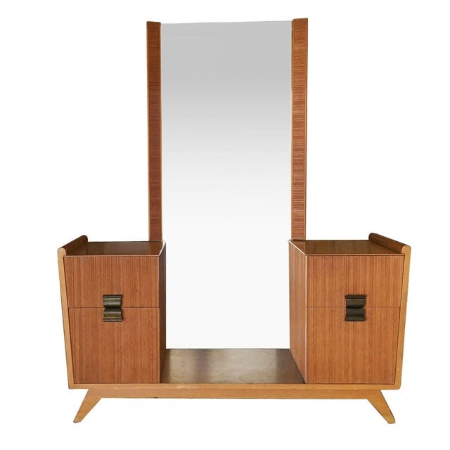 1940s Mid-Century Combed Wood Vanity W/ Stool by Paul Frankl for Brown Saltman, Attributed - 3