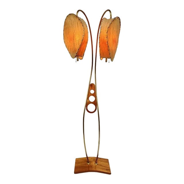Mid Century Walnut and Brass Floor Lamp With Whipstitch Fiberglass Lamp Shades (1 of 8)