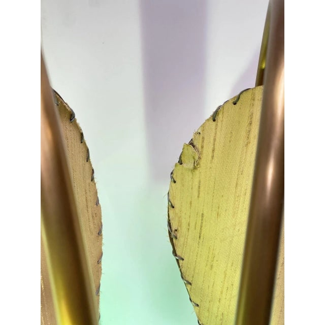Mid Century Walnut and Brass Floor Lamp With Whipstitch Fiberglass Lamp Shades - 2