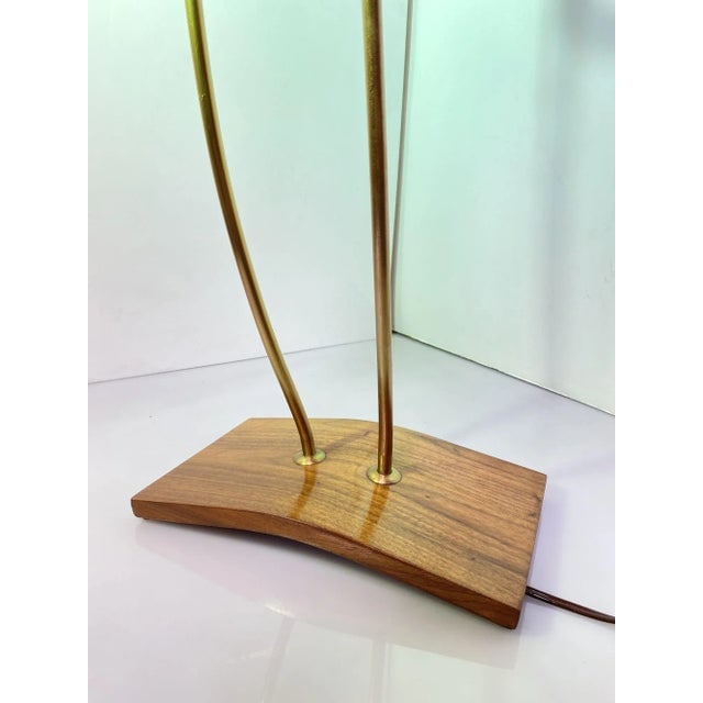 Mid Century Walnut and Brass Floor Lamp With Whipstitch Fiberglass Lamp Shades - 4