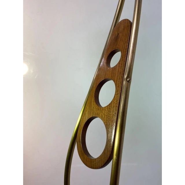 Mid Century Walnut and Brass Floor Lamp With Whipstitch Fiberglass Lamp Shades - 5
