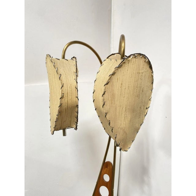 Mid Century Walnut and Brass Floor Lamp With Whipstitch Fiberglass Lamp Shades - 6