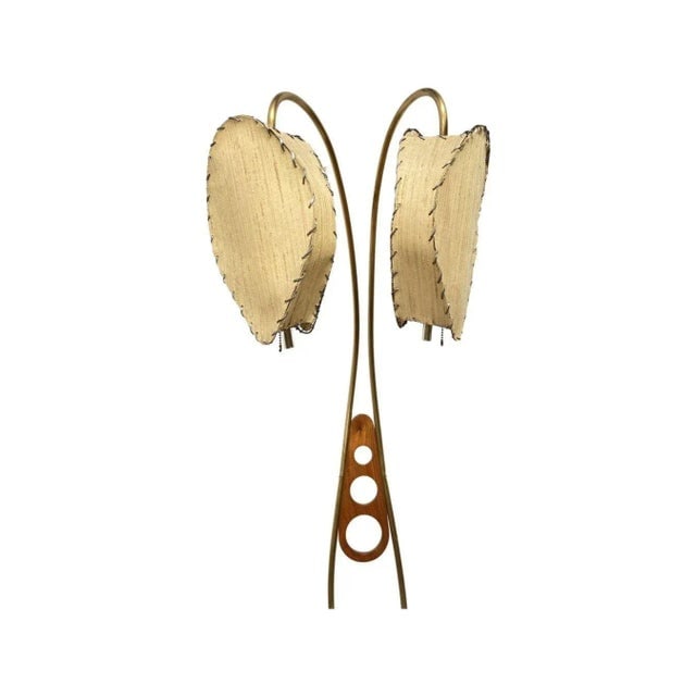 Mid Century Walnut and Brass Floor Lamp With Whipstitch Fiberglass Lamp Shades - 7