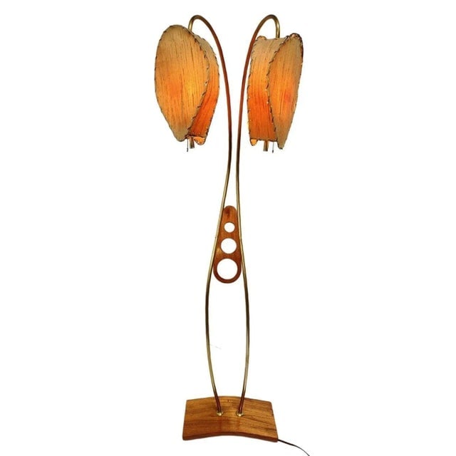 Mid Century Walnut and Brass Floor Lamp With Whipstitch Fiberglass Lamp Shades - 8