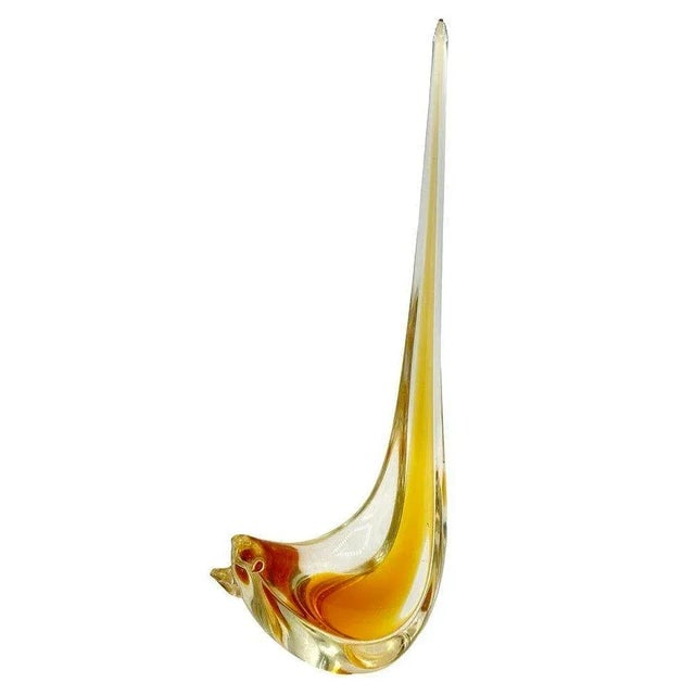 Mid Century Hand Blown Sommerso Murano Style Yellow Art Glass Bird W/ Tall Feather - 2