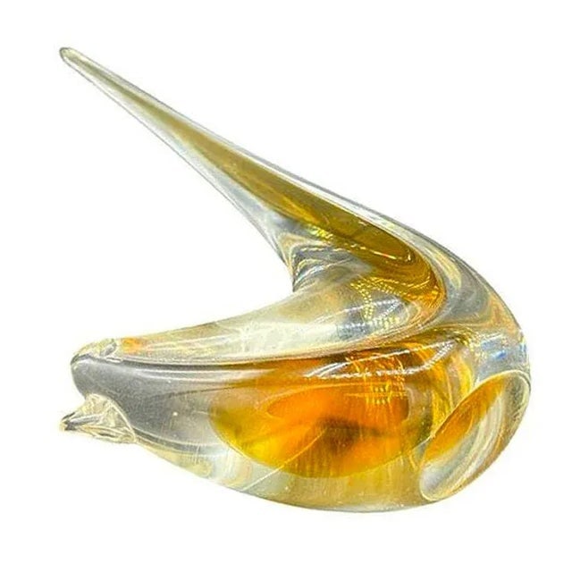 Mid Century Hand Blown Sommerso Murano Style Yellow Art Glass Bird W/ Tall Feather - 4