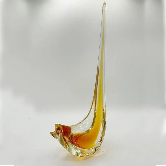 Mid Century Hand Blown Sommerso Murano Style Yellow Art Glass Bird W/ Tall Feather - 7