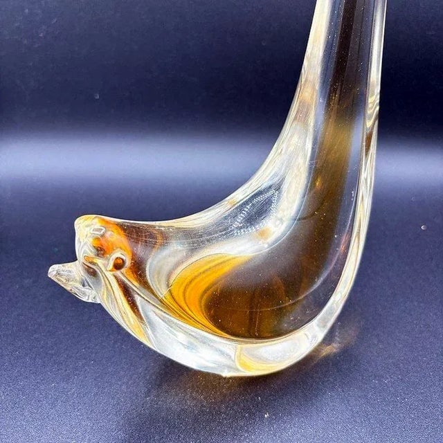 Mid Century Hand Blown Sommerso Murano Style Yellow Art Glass Bird W/ Tall Feather - 8
