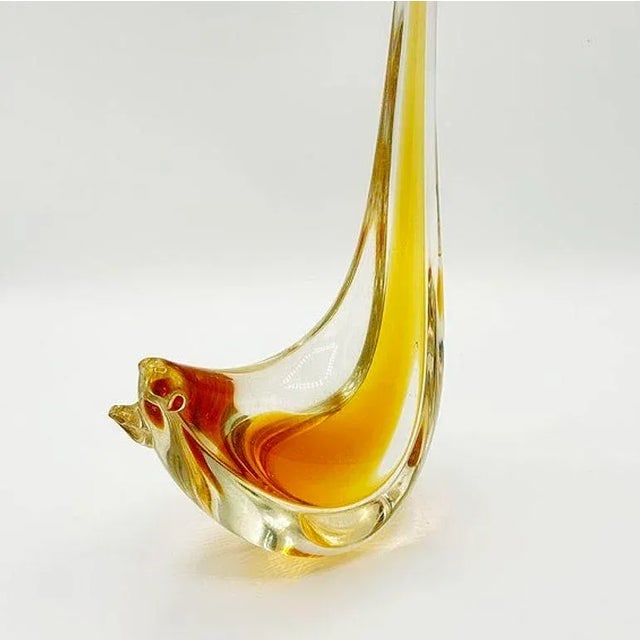 Mid Century Hand Blown Sommerso Murano Style Yellow Art Glass Bird W/ Tall Feather - 9