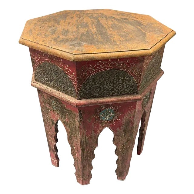 1970s Hand Painted Moroccan Hexagon Wooden Boho Side Table W/ Brass Inlays (1 of 9)