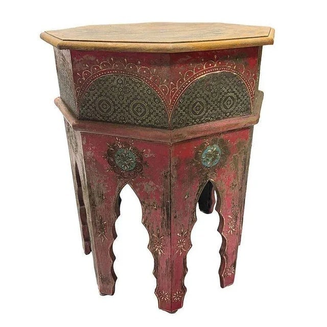 1970s Hand Painted Moroccan Hexagon Wooden Boho Side Table W/ Brass Inlays - 2