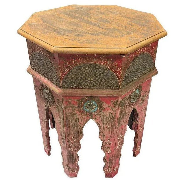 1970s Hand Painted Moroccan Hexagon Wooden Boho Side Table W/ Brass Inlays - 3