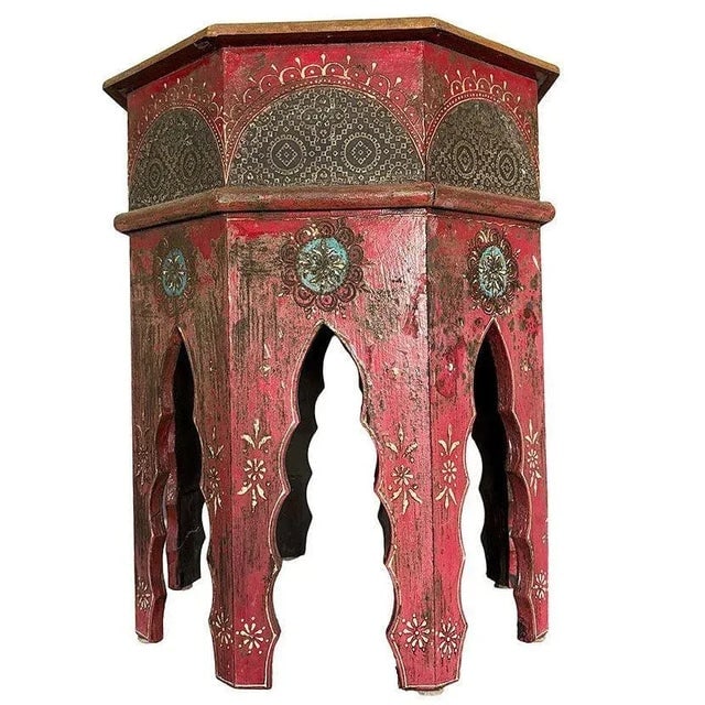 1970s Hand Painted Moroccan Hexagon Wooden Boho Side Table W/ Brass Inlays - 5