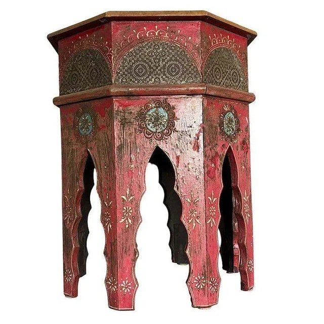 1970s Hand Painted Moroccan Hexagon Wooden Boho Side Table W/ Brass Inlays - 6