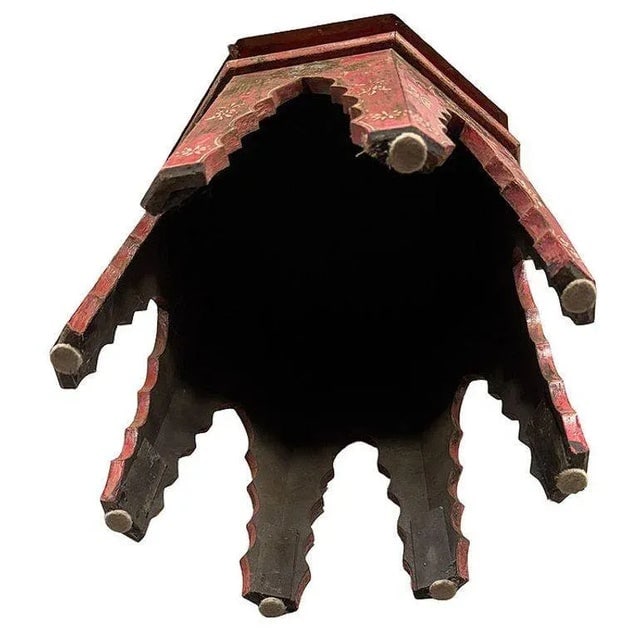1970s Hand Painted Moroccan Hexagon Wooden Boho Side Table W/ Brass Inlays - 9