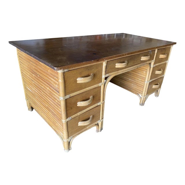 1940s Restored Mid-Century Stacked Rattan Executive Desk W/ Solid Mahogany Top: Title: 1940s Restored Mid-Century Stacked Rattan Executive Desk W/ Solid Mahogany Top Description: This beautifully restored Paul Frankl style 61" wide stacked rattan desk blends style and vintage