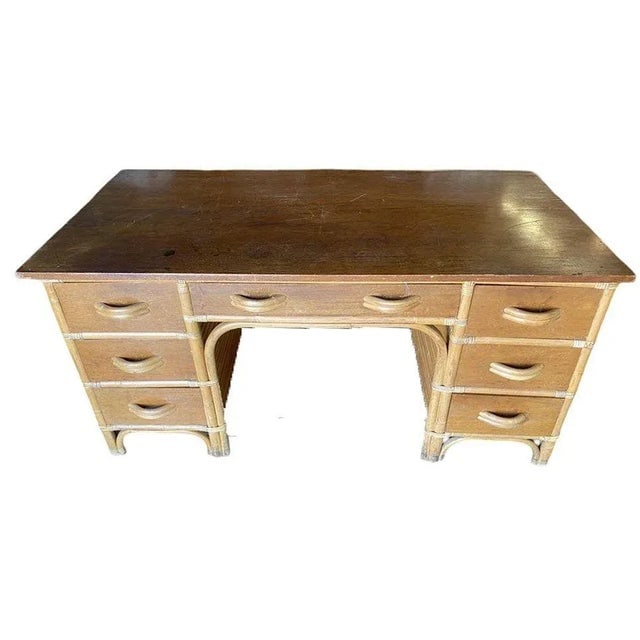 1940s Restored Mid-Century Stacked Rattan Executive Desk W/ Solid Mahogany Top - 2