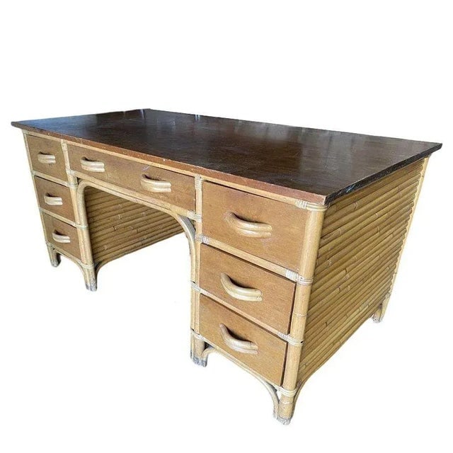 1940s Restored Mid-Century Stacked Rattan Executive Desk W/ Solid Mahogany Top - 3