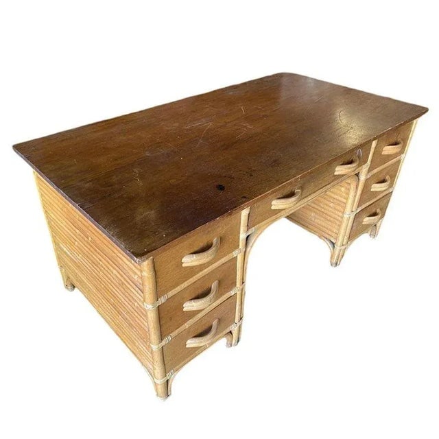 1940s Restored Mid-Century Stacked Rattan Executive Desk W/ Solid Mahogany Top - 4