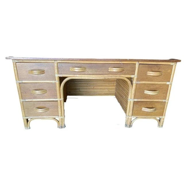 1940s Restored Mid-Century Stacked Rattan Executive Desk W/ Solid Mahogany Top - 5