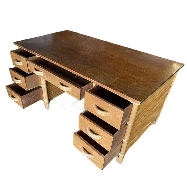 1940s Restored Mid-Century Stacked Rattan Executive Desk W/ Solid Mahogany Top - 6