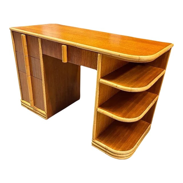 1930s Streamline Mahogany and Rattan Writing Desk With Rattan Pulls & Shelf (1 of 7)