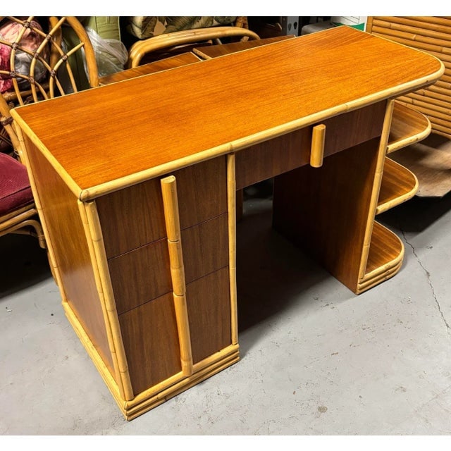 1930s Streamline Mahogany and Rattan Writing Desk With Rattan Pulls & Shelf - 2