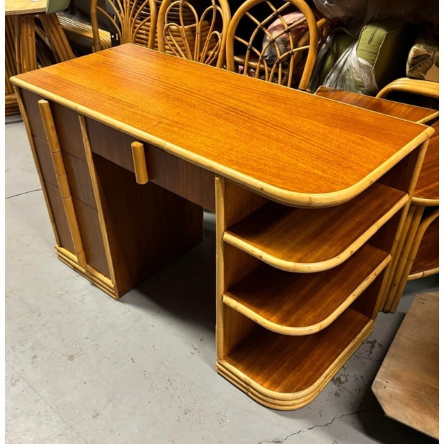 1930s Streamline Mahogany and Rattan Writing Desk With Rattan Pulls & Shelf - 3