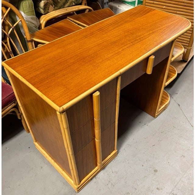 1930s Streamline Mahogany and Rattan Writing Desk With Rattan Pulls & Shelf - 4