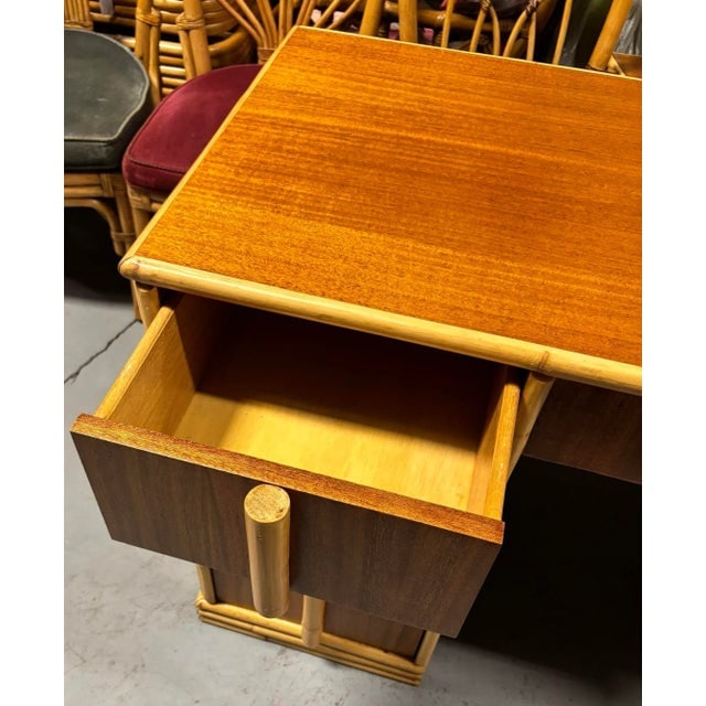 1930s Streamline Mahogany and Rattan Writing Desk With Rattan Pulls & Shelf - 5