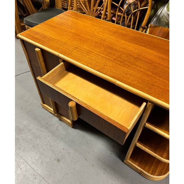 1930s Streamline Mahogany and Rattan Writing Desk With Rattan Pulls & Shelf - 6