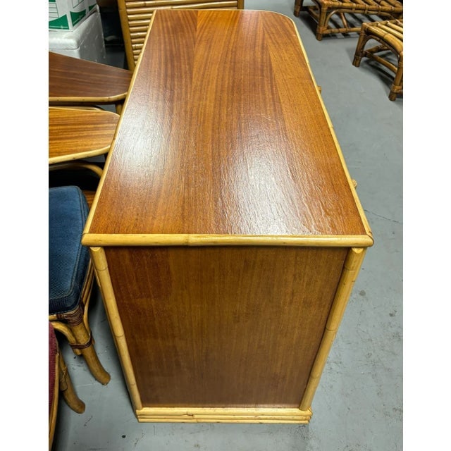 1930s Streamline Mahogany and Rattan Writing Desk With Rattan Pulls & Shelf - 7