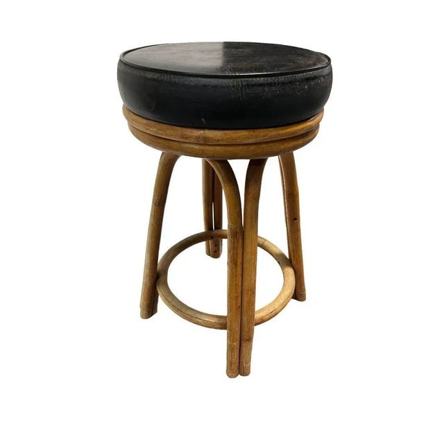 1950s Restored Rattan Double Stand Arched Barstool With Black Naugahyde Seats- a Pair - 2