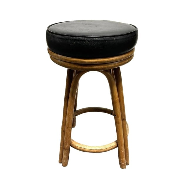 1950s Restored Rattan Double Stand Arched Barstool With Black Naugahyde Seats- a Pair - 4