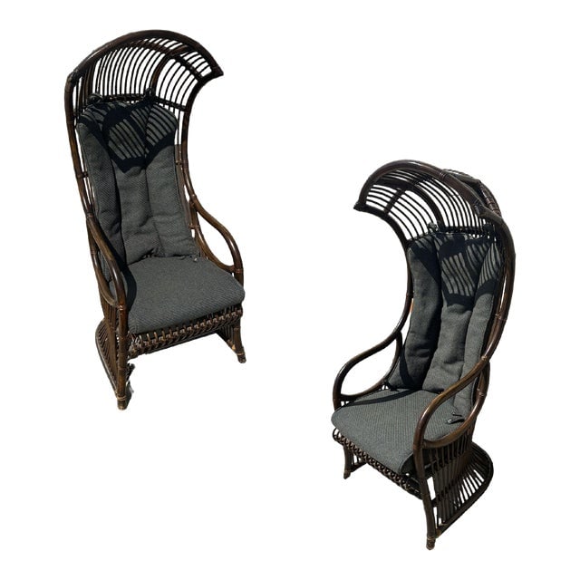 1950s Restored Mid-Century Dark Stained Rattan Canopy Chair, Pair: Title: 1950s Restored Mid-Century Dark Stained Rattan Canopy Chair, Pair Description: Revitalize your space with our pair of restored rattan throne chairs in a rich dark espresso brown stain with cano