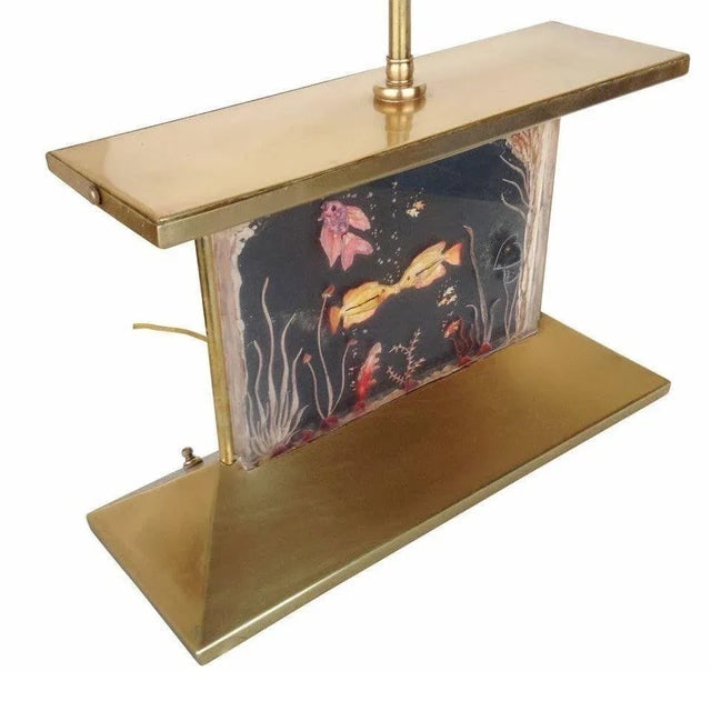 Mid-Century Brass Aquarium Light Up Lamp With Shade - 2