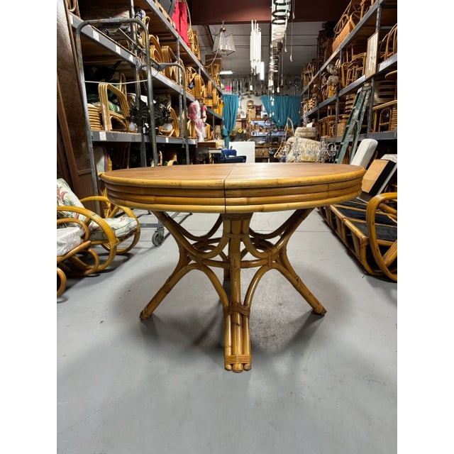 1950s Restored Round Rattan & Mahogany Dining Table W/ Leaf - 10