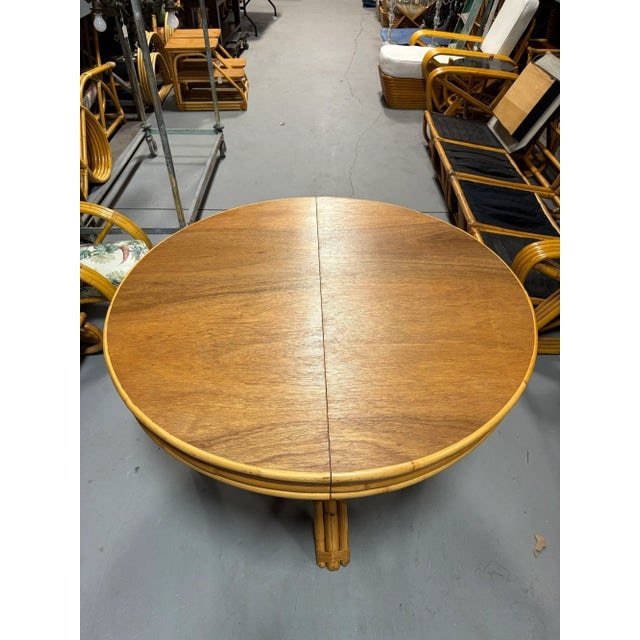 1950s Restored Round Rattan & Mahogany Dining Table W/ Leaf - 11