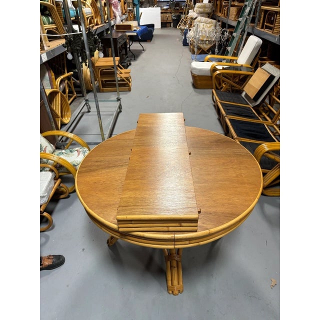 1950s Restored Round Rattan & Mahogany Dining Table W/ Leaf - 12