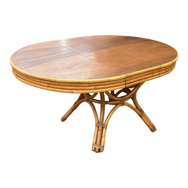 1950s Restored Round Rattan & Mahogany Dining Table W/ Leaf (1 of 12)