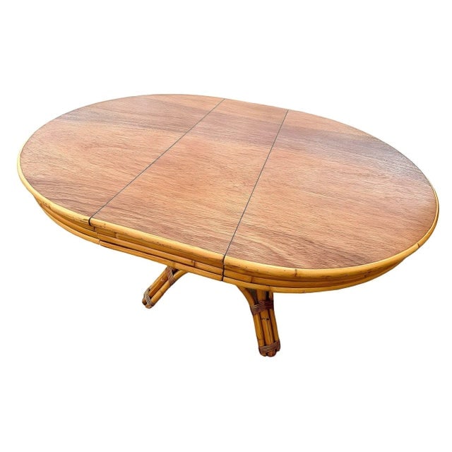 1950s Restored Round Rattan & Mahogany Dining Table W/ Leaf - 2