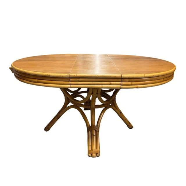 1950s Restored Round Rattan & Mahogany Dining Table W/ Leaf - 3