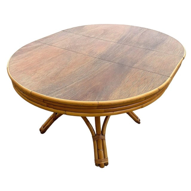 1950s Restored Round Rattan & Mahogany Dining Table W/ Leaf - 4