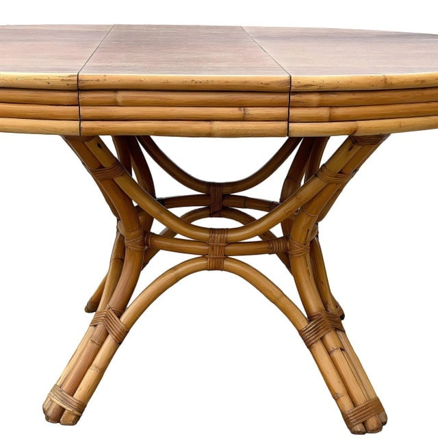 1950s Restored Round Rattan & Mahogany Dining Table W/ Leaf - 6