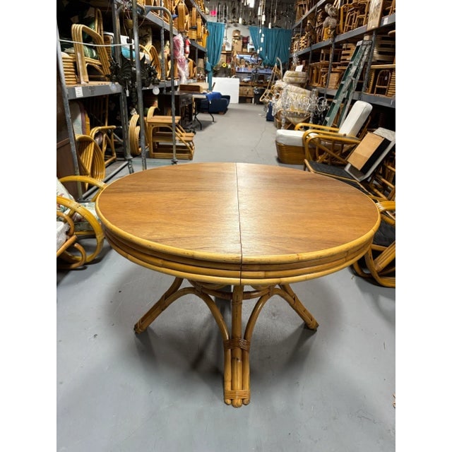 1950s Restored Round Rattan & Mahogany Dining Table W/ Leaf - 8
